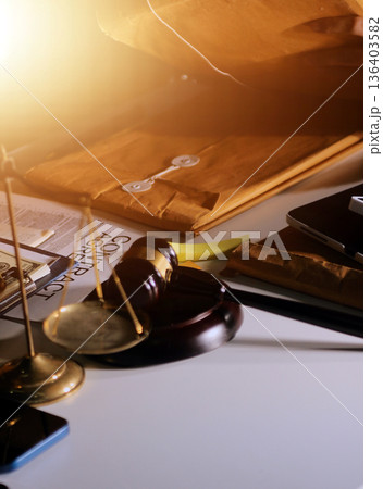 Businesswoman and Male lawyer or judge consult and conference having team meeting with client at law firm in office, Law and Legal services concept 136403582