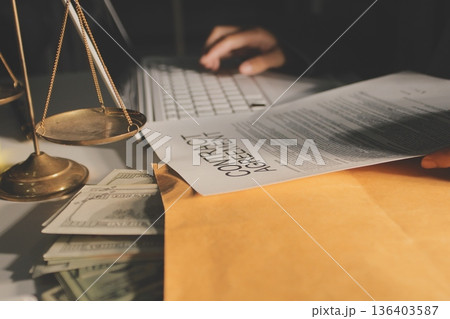 Businesswoman and Male lawyer or judge consult and conference having team meeting with client at law firm in office, Law and Legal services concept 136403587