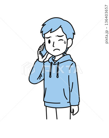 スマホで嫌な内容の電話をするカジュアルな服装の男性のイラスト素材 136403657