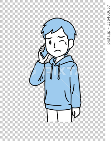 スマホで嫌な内容の電話をするカジュアルな服装の男性のイラスト素材 136403657