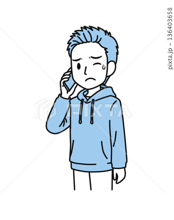 スマホで嫌な内容の電話をするカジュアルな服装の男性のイラスト素材 スマホで嫌な内容の電話をするカジュアルな服装の男性のイラスト素材 136403658