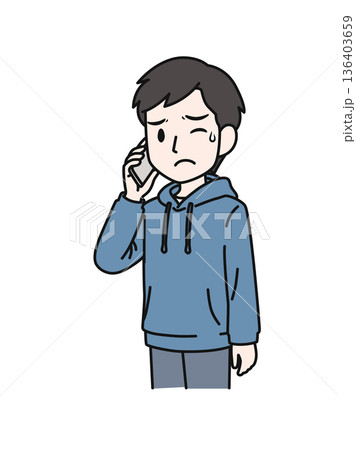 スマホで嫌な内容の電話をするカジュアルな服装の男性のイラスト素材 136403659