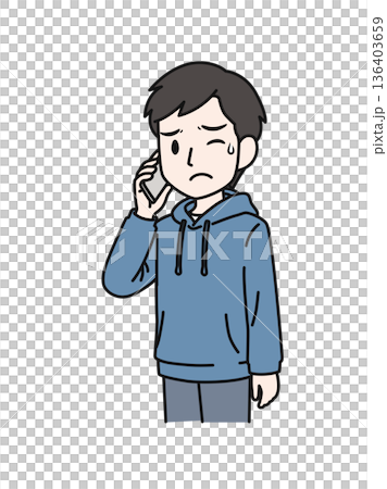 スマホで嫌な内容の電話をするカジュアルな服装の男性のイラスト素材 136403659