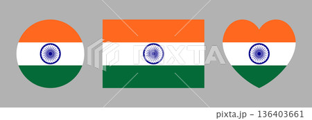 India flag buttons, icons. National flag of India heart, rectangular, round signs, symbols. Heart, Circle, rectangle flag of India badges. 136403661