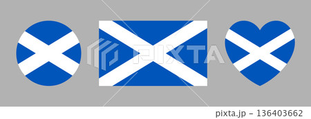 Scotland rectangular, round, heart flag set. Scottish circle, rectangle, heart symbols. Flag button, banner, icon, background. National sign badges. 136403662