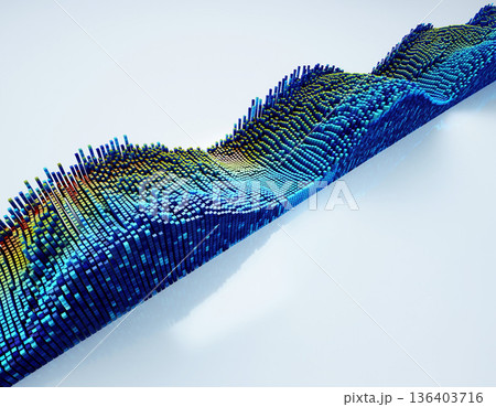 Colorful wave-like pattern formed by small blocks showing a visual representation of sound or data across a smooth surface in a modern setting 136403716