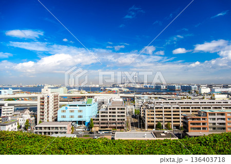 神奈川県横浜市 港の見える丘公園から望む横浜ベイブリッジと港の風景 136403718