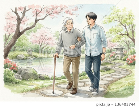 桜咲くの公園を散歩するシニア男性と介護士の水彩画イラスト 136403744