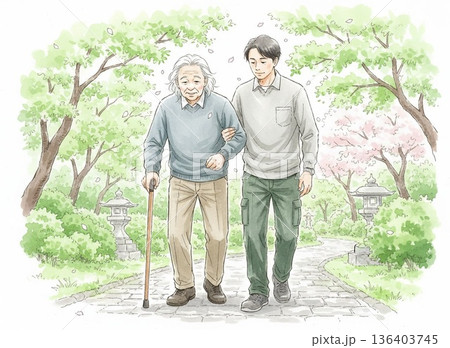 新緑の公園を散歩するシニア男性と介護士の水彩画イラスト 136403745