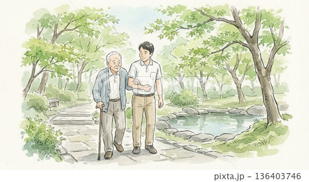 新緑の公園を散歩するシニア男性と介護士の水彩画イラスト 136403746