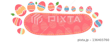 Cute Easter frame banner with pink egg pattern and spring elements isolated on white background, decorative horizontal border with eggs and basket for invitations. Easter horizontal banner Cute Easter frame banner with pink egg pattern and spring elements isolated on white background, decorative horizontal border with eggs and basket for invitations. Easter horizontal banner 136403760