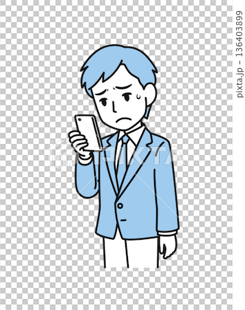 Illustration material of a man in a suit looking at disappointing content on his smartphone 136403899