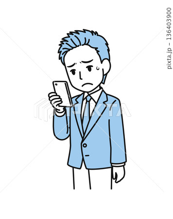 スマホで残念な内容を見るスーツのビジネスパーソンの男性のイラスト素材 136403900