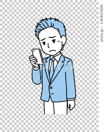 Illustration material of a man in a suit looking at disappointing content on his smartphone 136403900