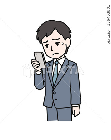 スマホで残念な内容を見るスーツのビジネスパーソンの男性のイラスト素材 136403901