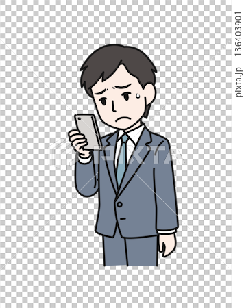 Illustration material of a man in a suit looking at disappointing content on his smartphone 136403901