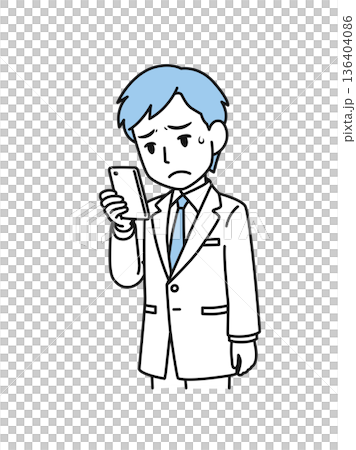 スマホで残念な内容を見る白衣姿の医療関係者の男性のイラスト素材 スマホで残念な内容を見る白衣姿の医療関係者の男性のイラスト素材 136404086