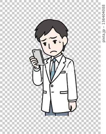 插畫素材:一位身穿白大褂的男性醫護人員正在查看智慧型手機上令人失望的內容。 插畫素材:一位身穿白大褂的男性醫護人員正在查看智慧型手機上令人失望的內容。 136404088