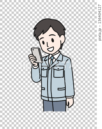 Illustration material of a man in a technical occupation wearing work clothes looking at a smartphone Illustration material of a man in a technical occupation wearing work clothes looking at a smartphone 136404127
