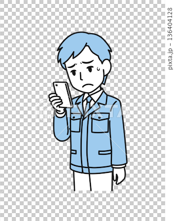 Illustration material of a man in a technical job wearing work clothes looking at disappointing content on his smartphone 136404128