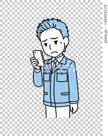 插畫素材：一位身穿工作服的技術工人正在看著智慧型手機上令人失望的內容。 136404129