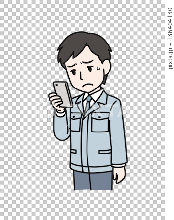 Illustration material of a man in a technical job wearing work clothes looking at disappointing content on his smartphone 136404130