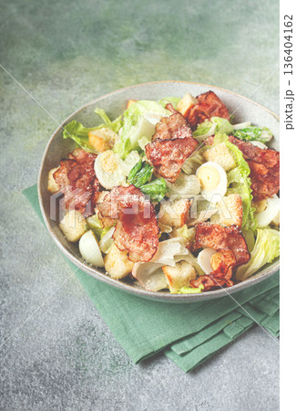 caesar salad with fried bacon, quail eggs, homemade, no people, 136404162