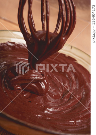 a bowl of chocolate dough, a whisk for whipping, baking, structure and consistency, homemade, top view, no people, a bowl of chocolate dough, a whisk for whipping, baking, structure and consistency, homemade, top view, no people, 136404172