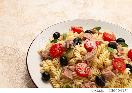 Tuna salad, fusilli pasta, olives and cherry, olive oil, homemade, Tuna salad, fusilli pasta, olives and cherry, olive oil, homemade, 136404174