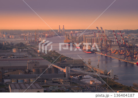 Drone view showcasing its chemical petrochemical and port industries at sunset Drone view showcasing its chemical petrochemical and port industries at sunset 136404187