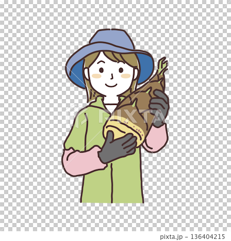 笑顔でたけのこを抱える、若い女性の生産者　シンプルなイラスト 136404215