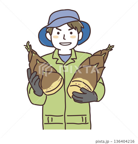笑顔で両腕にたけのこを抱える、若い男性の生産者　シンプルなイラスト 136404216