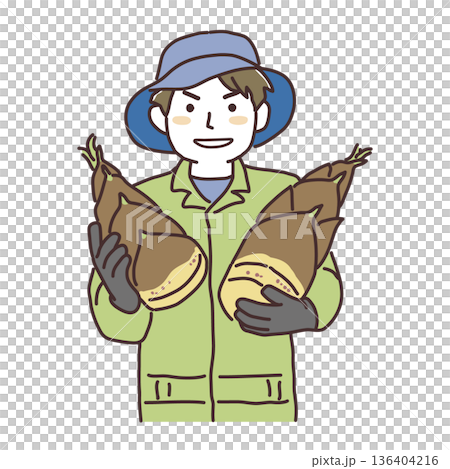 一幅簡單的插圖，描繪了一位微笑的年輕男性生產者雙臂抱著竹筍。 136404216