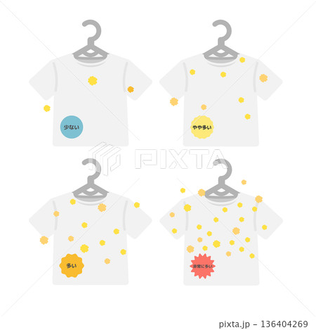 衣類・Tシャツに花粉が付着した飛散量のイラストセット（文字あり） 136404269