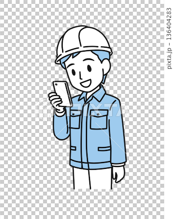 スマホを見るヘルメットを被った作業服の男性のイラスト素材 136404283