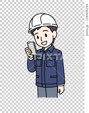スマホを見るヘルメットを被った作業服の男性のイラスト素材 136404284
