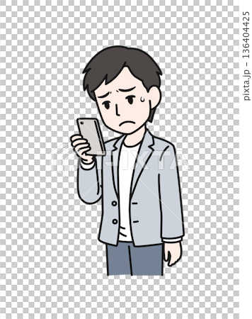 Illustration material of a casual-style man looking at disappointing content on his smartphone Illustration material of a casual-style man looking at disappointing content on his smartphone 136404425