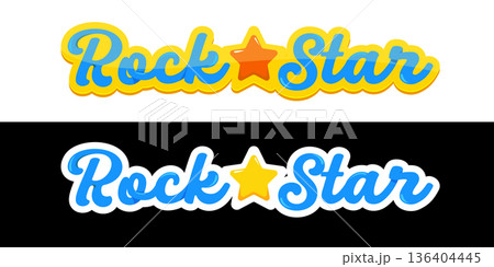 Rock Star blue handwritten script logo with yellow star icon, set of colorful 3D glossy text labels for kids achievement and music stickers vector , t shirt prints. Rock music lovers logo Rock Star blue handwritten script logo with yellow star icon, set of colorful 3D glossy text labels for kids achievement and music stickers vector , t shirt prints. Rock music lovers logo 136404445