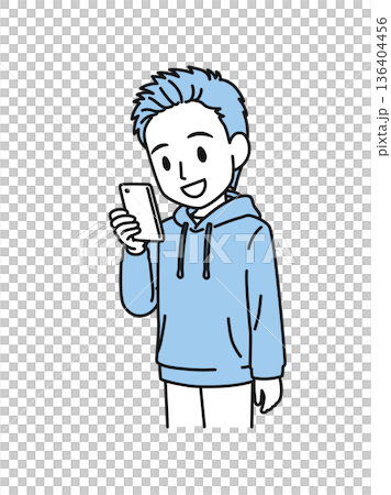 Illustration material of a man in casual clothes looking at a smartphone 136404456