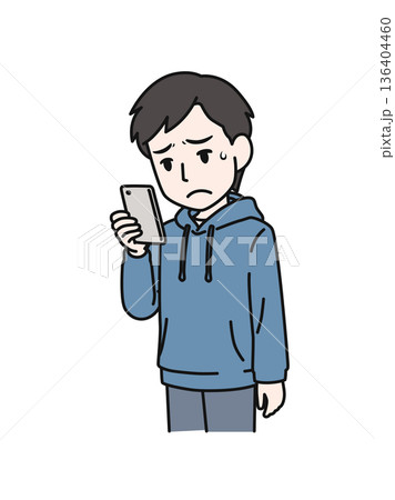 スマホで残念な内容を見るカジュアルな服装の男性のイラスト素材 スマホで残念な内容を見るカジュアルな服装の男性のイラスト素材 136404460