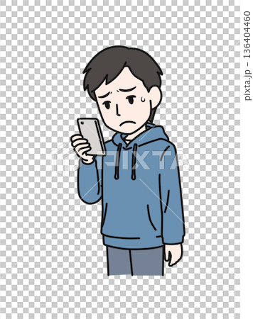 スマホで残念な内容を見るカジュアルな服装の男性のイラスト素材 スマホで残念な内容を見るカジュアルな服装の男性のイラスト素材 136404460