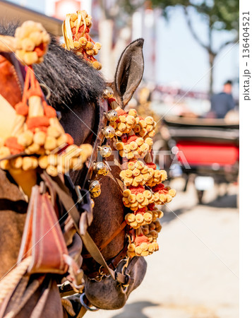 Elegant Horses Adorned for Seville April Fair Celebration Elegant Horses Adorned for Seville April Fair Celebration 136404521