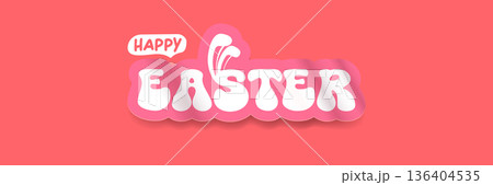 White Happy Easter script lettering with rabbit ears integrated into the font on a solid pink backdrop. Simple and stylish horizontal holiday banner for spring celebrations and social media headers. 136404535