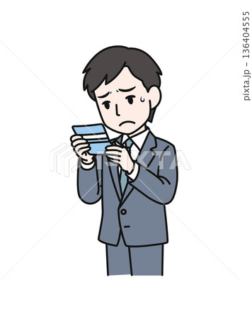 通帳の残高を見て落ち込むビジネスパーソンの男性のイラスト素材 通帳の残高を見て落ち込むビジネスパーソンの男性のイラスト素材 136404555