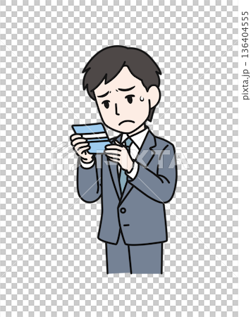 通帳の残高を見て落ち込むビジネスパーソンの男性のイラスト素材 通帳の残高を見て落ち込むビジネスパーソンの男性のイラスト素材 136404555