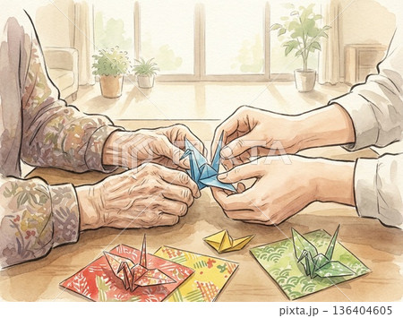 介護施設で折り紙を折る高齢者と介護士の手元の水彩画イラスト 介護施設で折り紙を折る高齢者と介護士の手元の水彩画イラスト 136404605