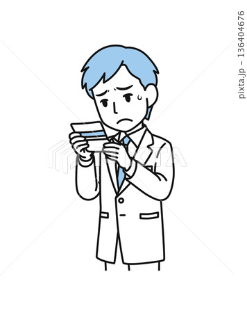 通帳の残高を見て落ち込む白衣姿の医療関係者の男性のイラスト素材 136404676
