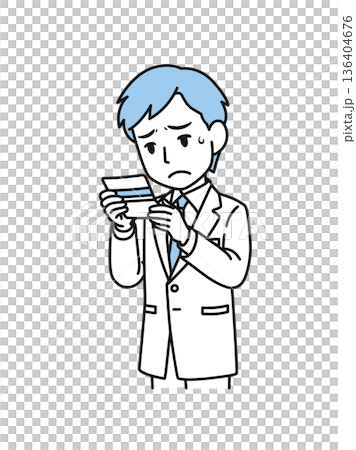 通帳の残高を見て落ち込む白衣姿の医療関係者の男性のイラスト素材 136404676