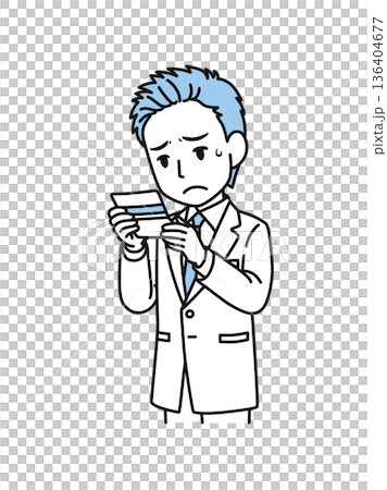 通帳の残高を見て落ち込む白衣姿の医療関係者の男性のイラスト素材 通帳の残高を見て落ち込む白衣姿の医療関係者の男性のイラスト素材 136404677