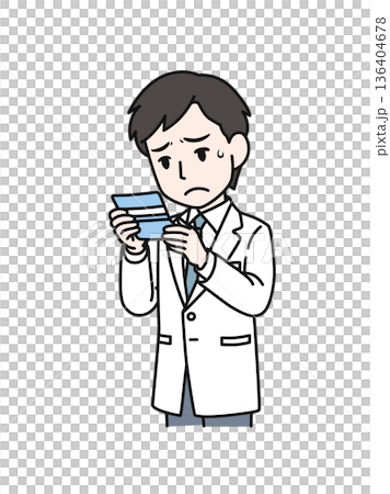 插圖描繪了一位身穿白大褂的男性醫護人員,在看到銀行存摺後情緒低落。 插圖描繪了一位身穿白大褂的男性醫護人員,在看到銀行存摺後情緒低落。 136404678